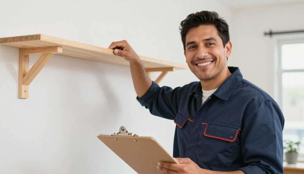 A handyman patching drywall in a bright suburban room