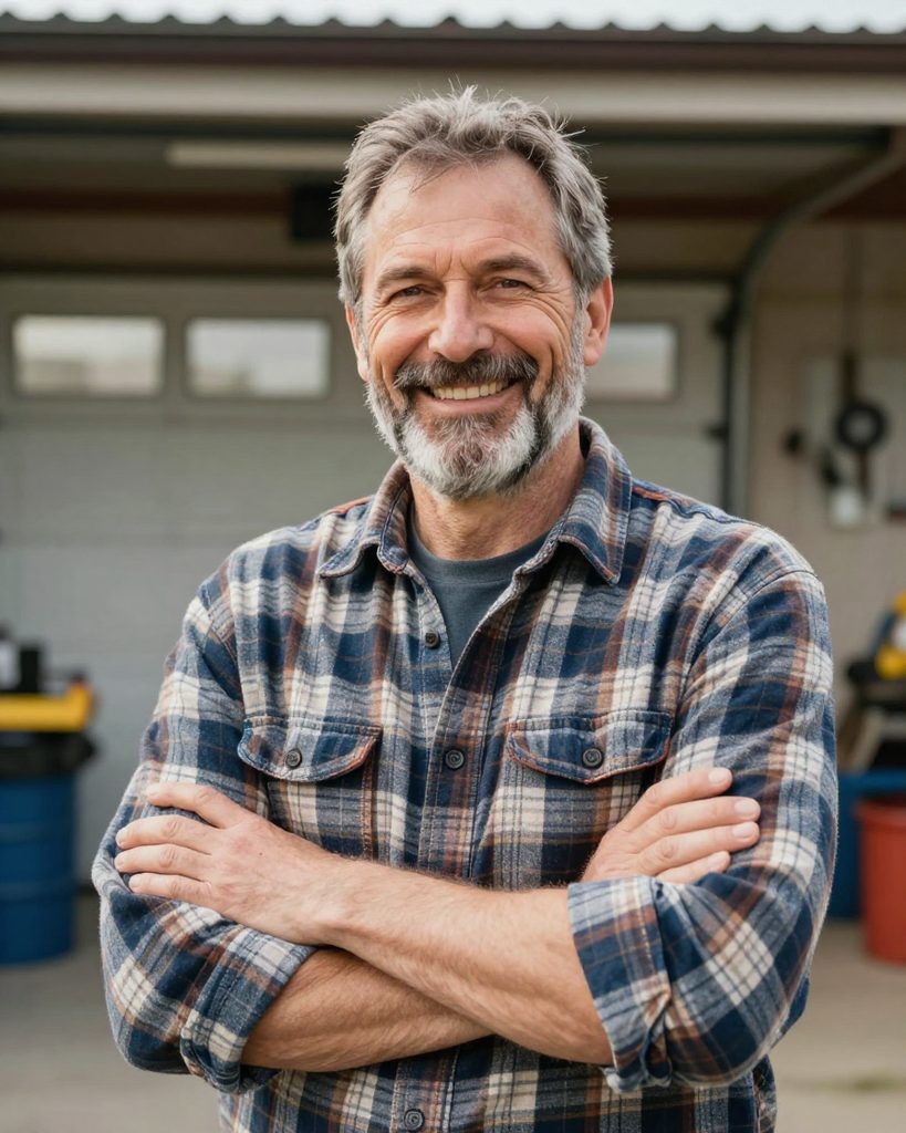 Hank, a friendly handyman in a flannel shirt, kneeling on a porch with his toolbox