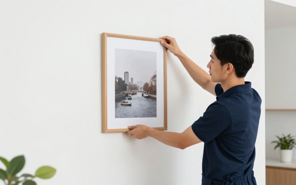 A handyman installing floating shelves in a modern minimalist living room