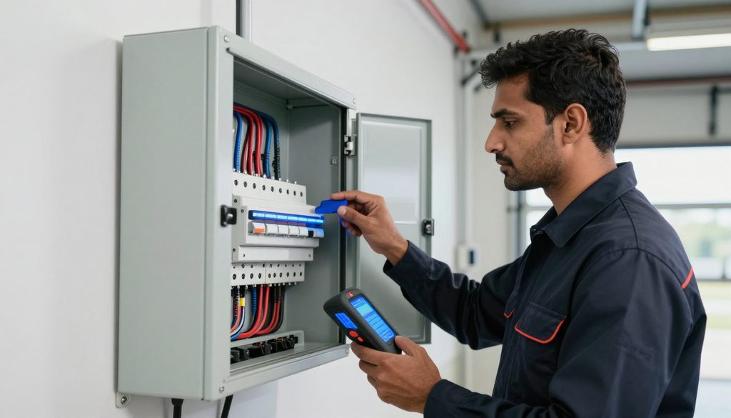 An electrician checking a breaker panel with a tablet