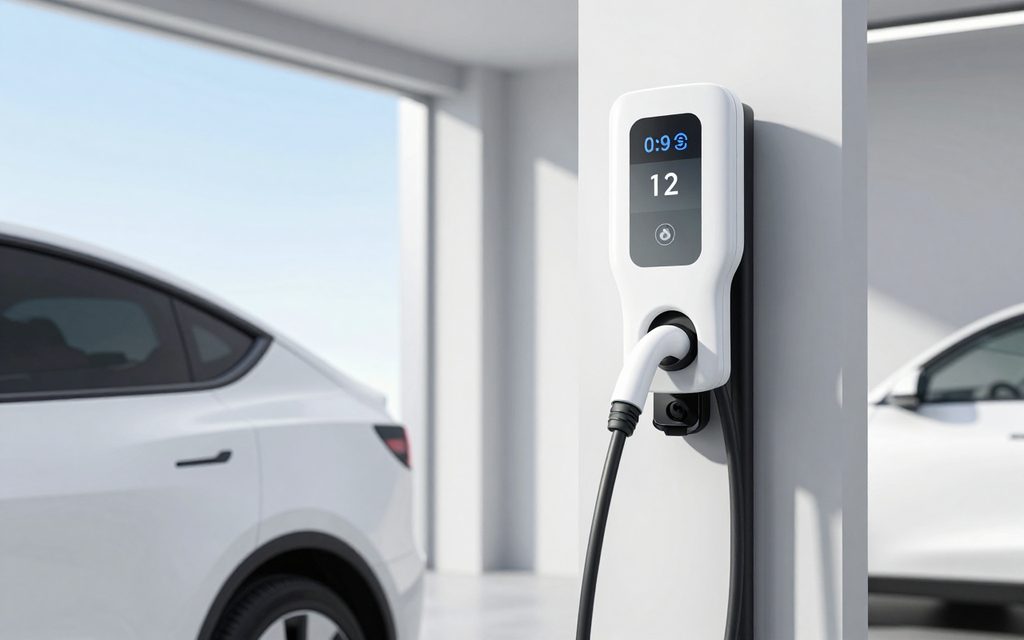 A white car charging at a modern Level 2 charger in a bright garage