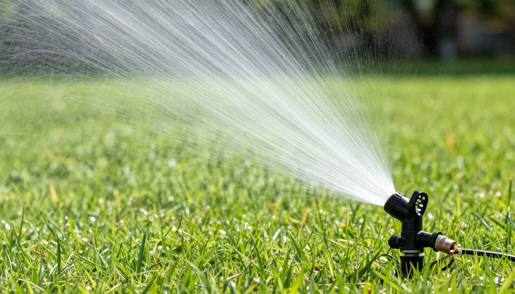 A pop-up sprinkler head spraying a fine mist over a green lawn
