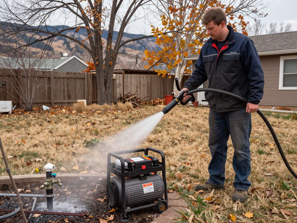 A technician blowing out an irrigation system in a late-fall Colorado backyard