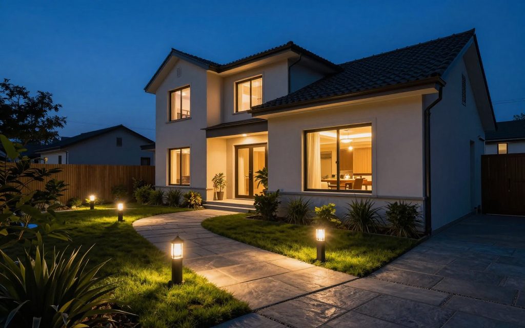 A modern home at dusk with warm landscape lighting and a stepping-stone path