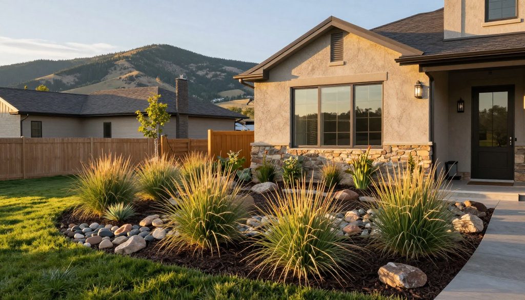 A Colorado xeriscape front yard with native grasses and river rock, foothills behind